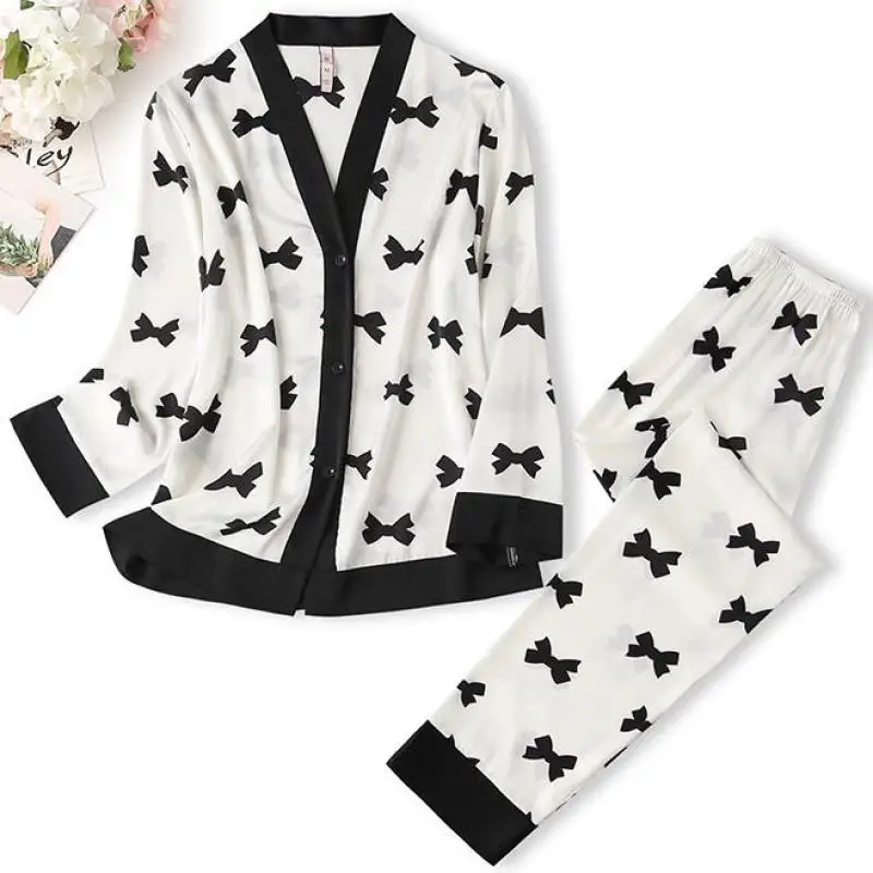 

Комплект для сна женский из двух предметов, атласная пижама с V-образным вырезом, ночная рубашка с длинным рукавом, одежда для сна на пуговицах, домашняя одежда с принтом