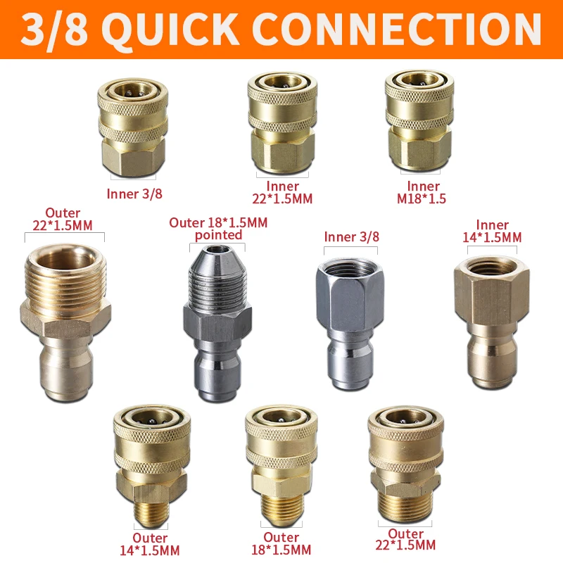 3/8 Quick Connection For High Pressure Washer M22 M18 M14 M3/8 Thread Connect Car Wash Machine Gun Pipe Car Accessory 4
