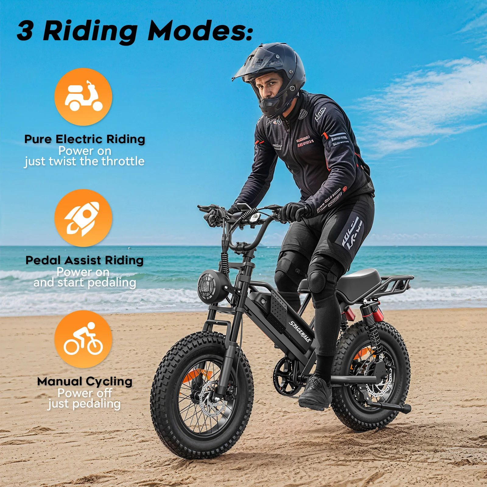 Spacewalk Mountain Electric Bike , 20" Fat Tire Ebike, Wider Seat 750W Peak Motor, Removable Battery, 4X Suspension Ebike view 5