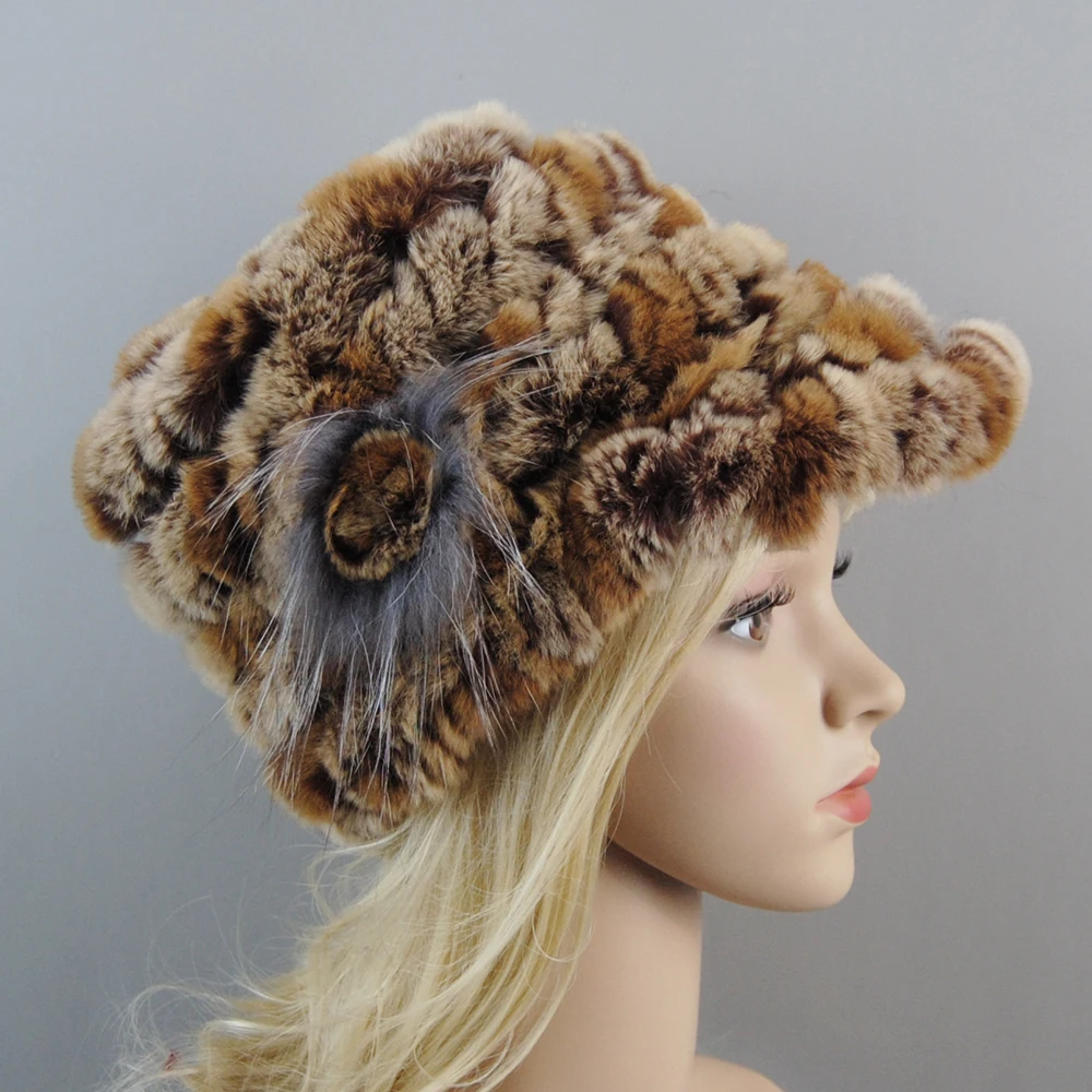 Russian Women Winter 100% Genuine Rex Rabbit Fur Caps Lady Warm Real Rex Rabbit Fur Hats Natural Soft Knitted Rex Rabbit Fur Hat 3