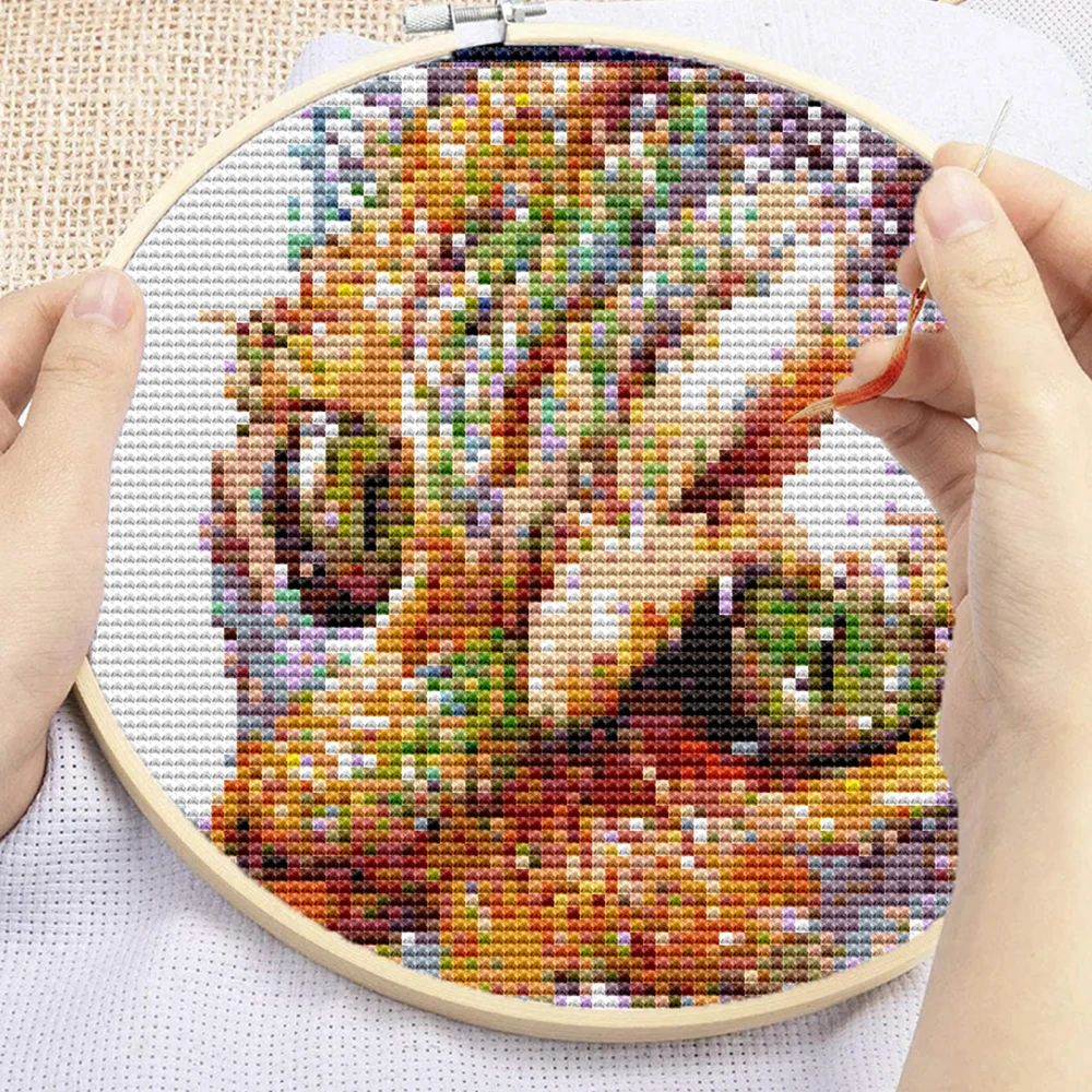 HUACAN Embroidery Kits Flowrer Cat Needlework Cross Stitch Animal Sets DIY Printed Canvas Gift Home Decoration 11CT 40x40cm cross stitch kit