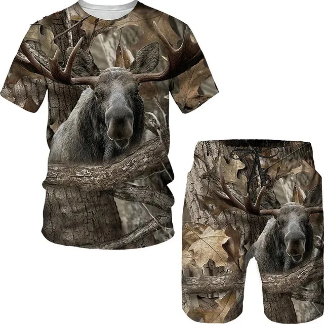 Conjunto de camiseta de caza con estampado 3D de camuflaje de jabalí, chándal elegante de cuello redondo para hombre, jersey de gran tamaño y pantalones cortos de playa