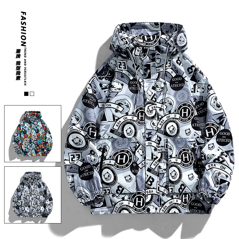 Men Autumn Tactical Jacket Zipper Sweatshirt Outdoor Hooded Jacket New Cartoon Full Print Casual Retro Windbreaker Trendy Coat