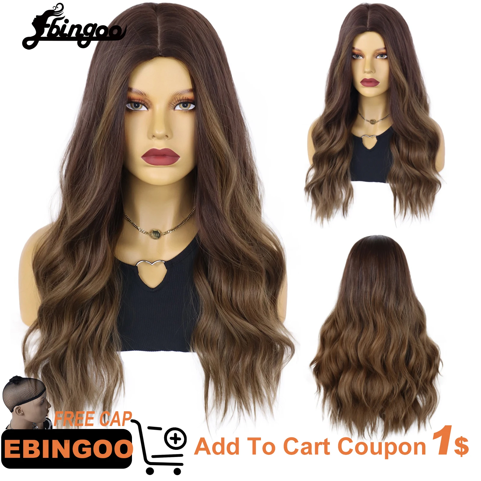 Ebingoo Synthetic 28INCH Gray Brown Color Body Wave Middle Part Wigs Heat Resistant Fiber Full Machine Made Hair Wigs for Women