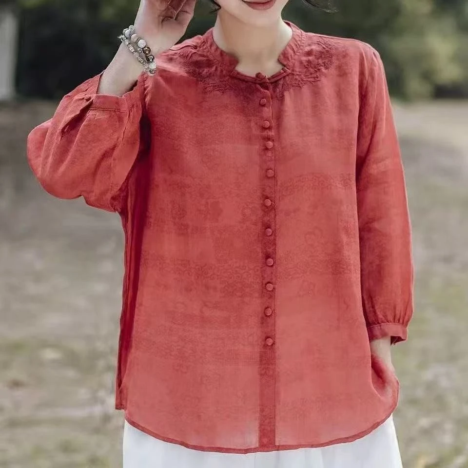 Elegant Harajuku Slim Fit Female Loose Casual All Match Tops Women embroidery Button Three Quarter Sleeve Blouses