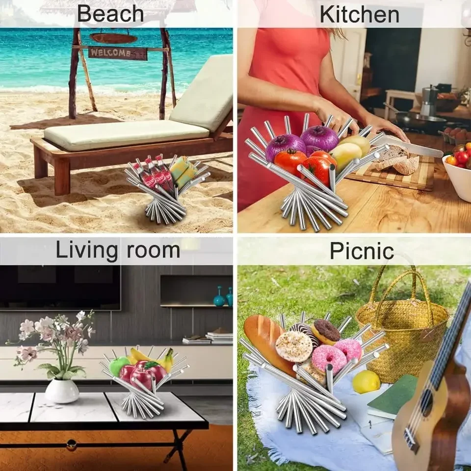 Stainless Steel Rotating Fruit Basket - Foldable, Modern Design, Kitchen Counter Storage, 12.5x37cm