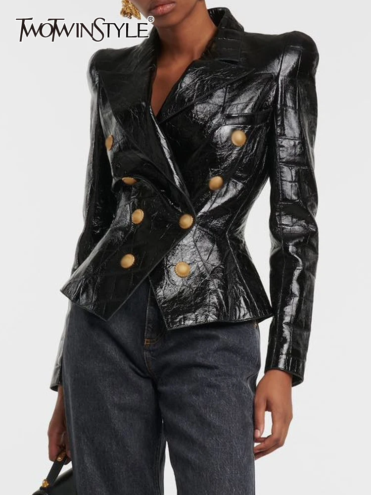 

TWOTWINSTYLE Solid Slimming Leather Blazer For Women Notched Collar Long Sleeve Tunic Patchwork Double Breasted Blazers Female