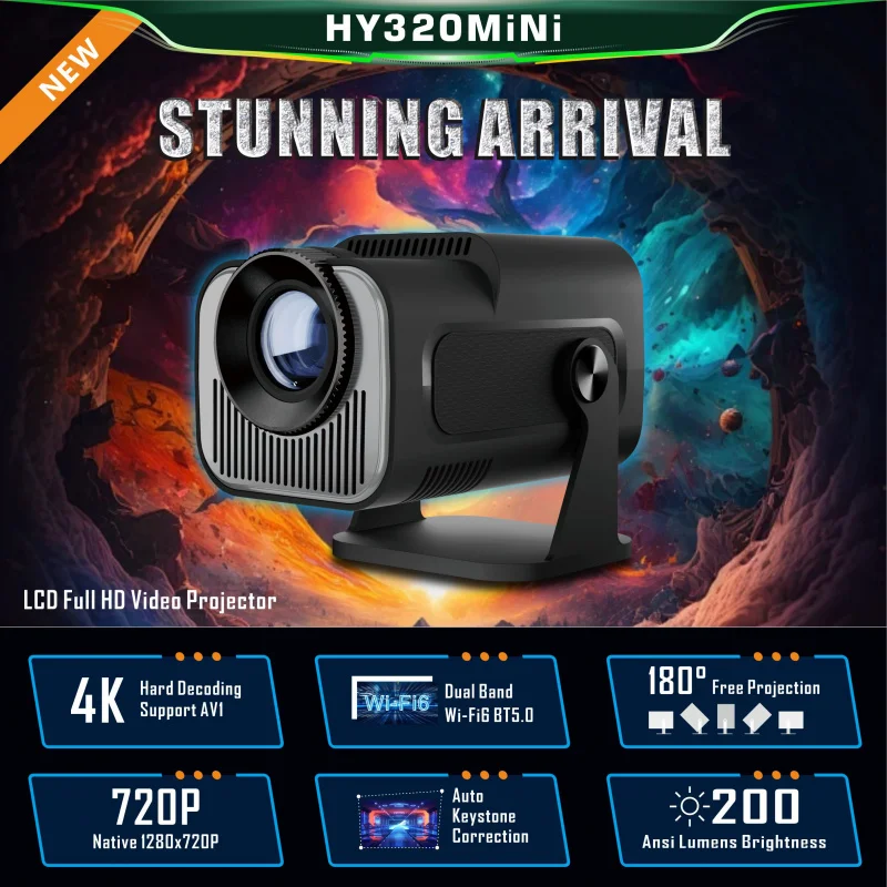 Portable 720P Android 11 4K Projector with Wifi6 and BT5.0