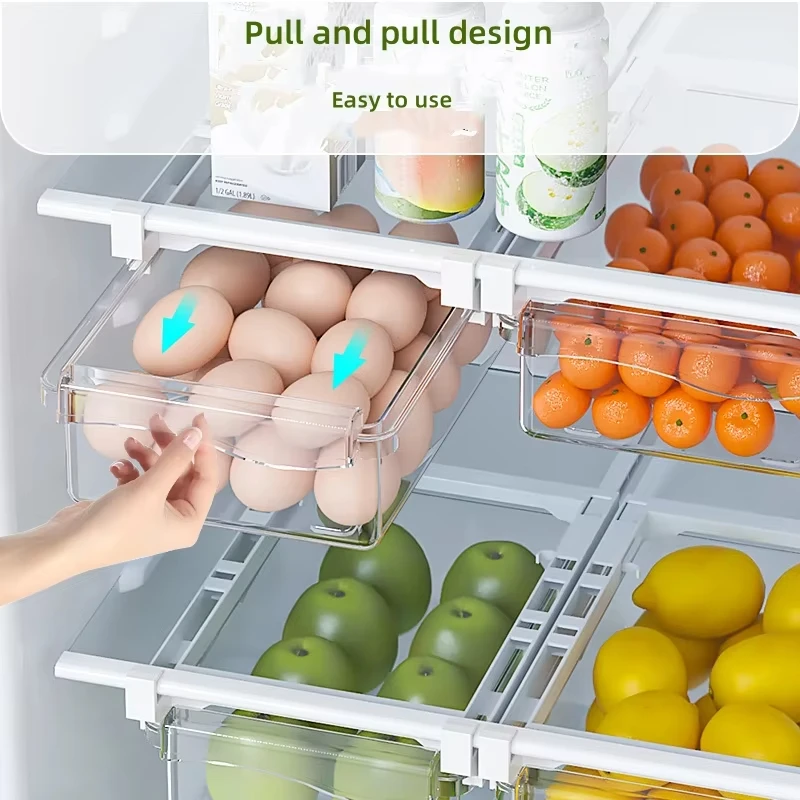 New Refrigerator Drawer Style Food Storage Box, Fruit Packaging Machine, Shelf Support, Sliding Plastic Cooking Container
