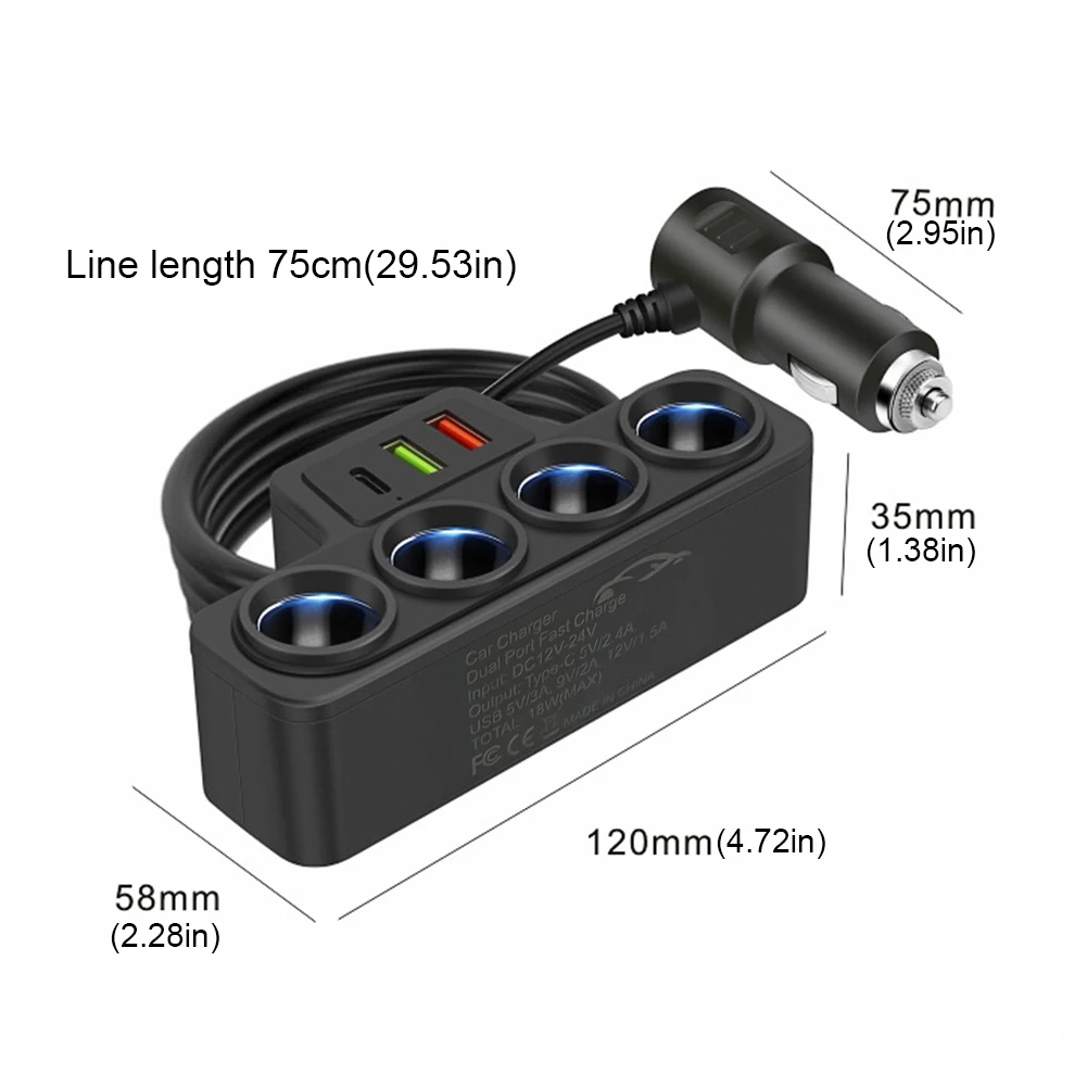 Car Cigarette Lighter Splitter with 4 Outlets and 3 USB Ports