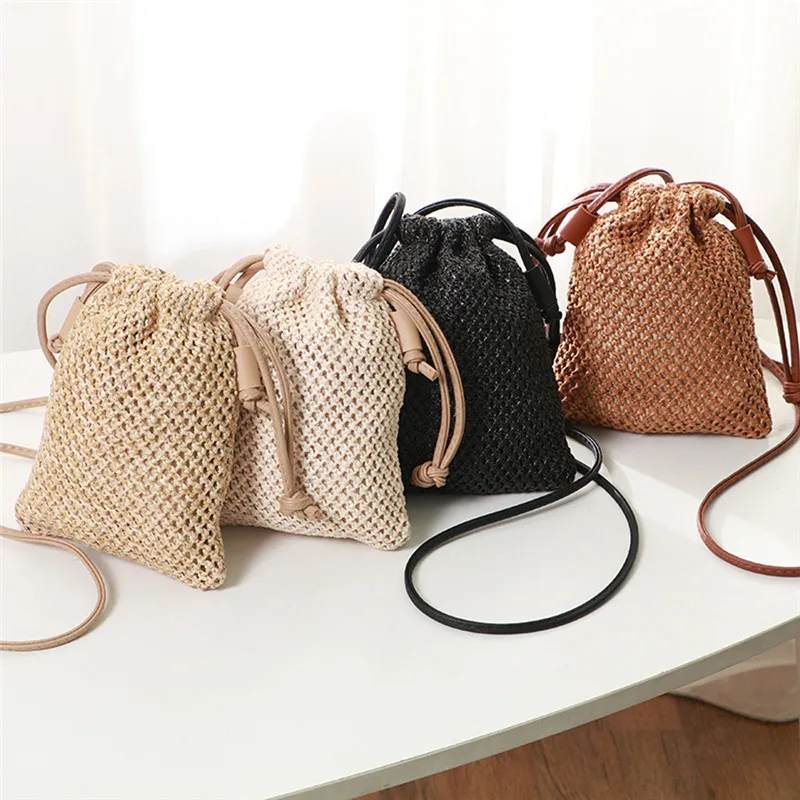 Women Straw Bag Retro Rattan Tote Handbag Woven Summer Beach Shoulder Bags Drawstring Bag Purses City Bag Sport Tote
