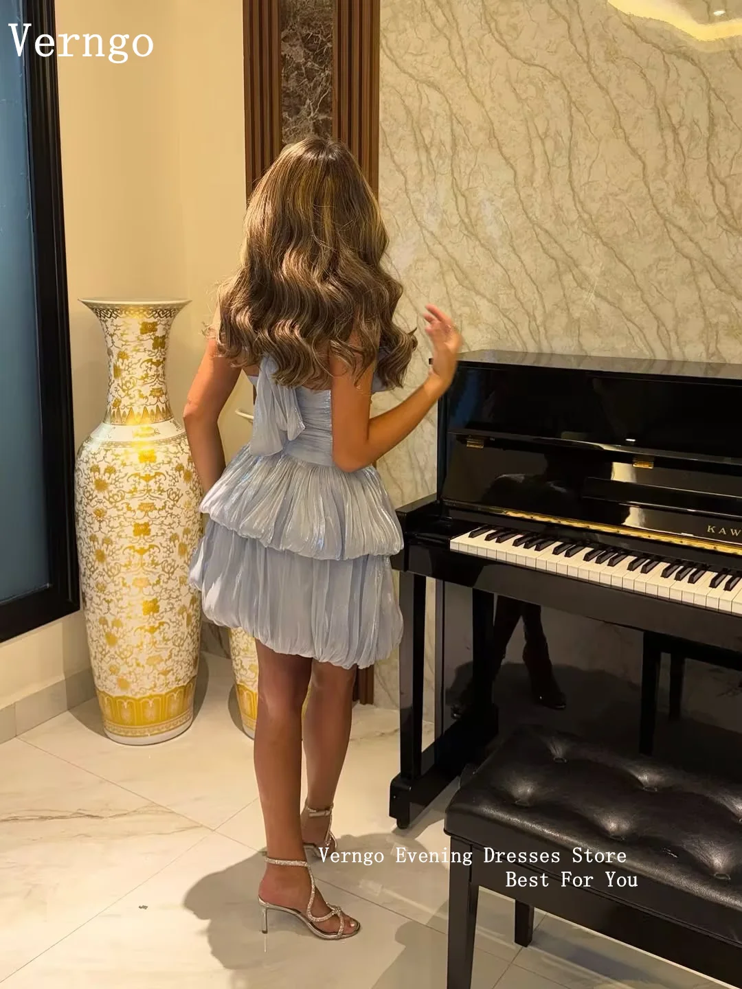 Verngo Dusty Blue Shiny Mini Evening Dress Tiered A Line Pleated Prom Gowns Halter Backless Formal Occasion Dresses Customized 4