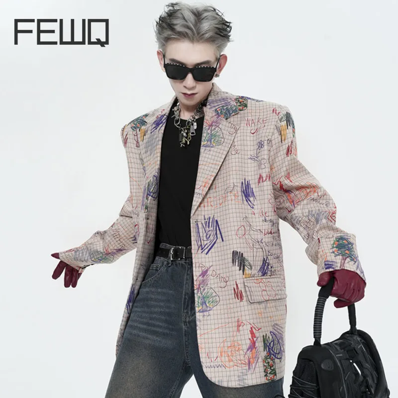 

FEWQ Plaid Male Suit Jackets Personality Doodle Lapel Men's Blazers High Men Short Coat Retro Street Spring New Fashion 24B3237