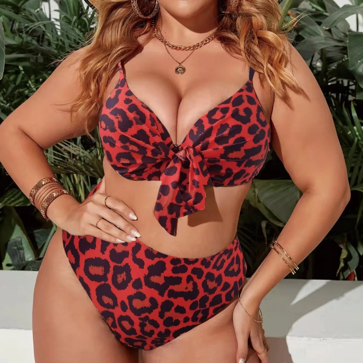 Large Size 4XL Women Sexy V Neck Swimsuit New Leopard Patchwork Tie-up Swimwear High Waist Push Up Thong Bathing Suits Tankini
