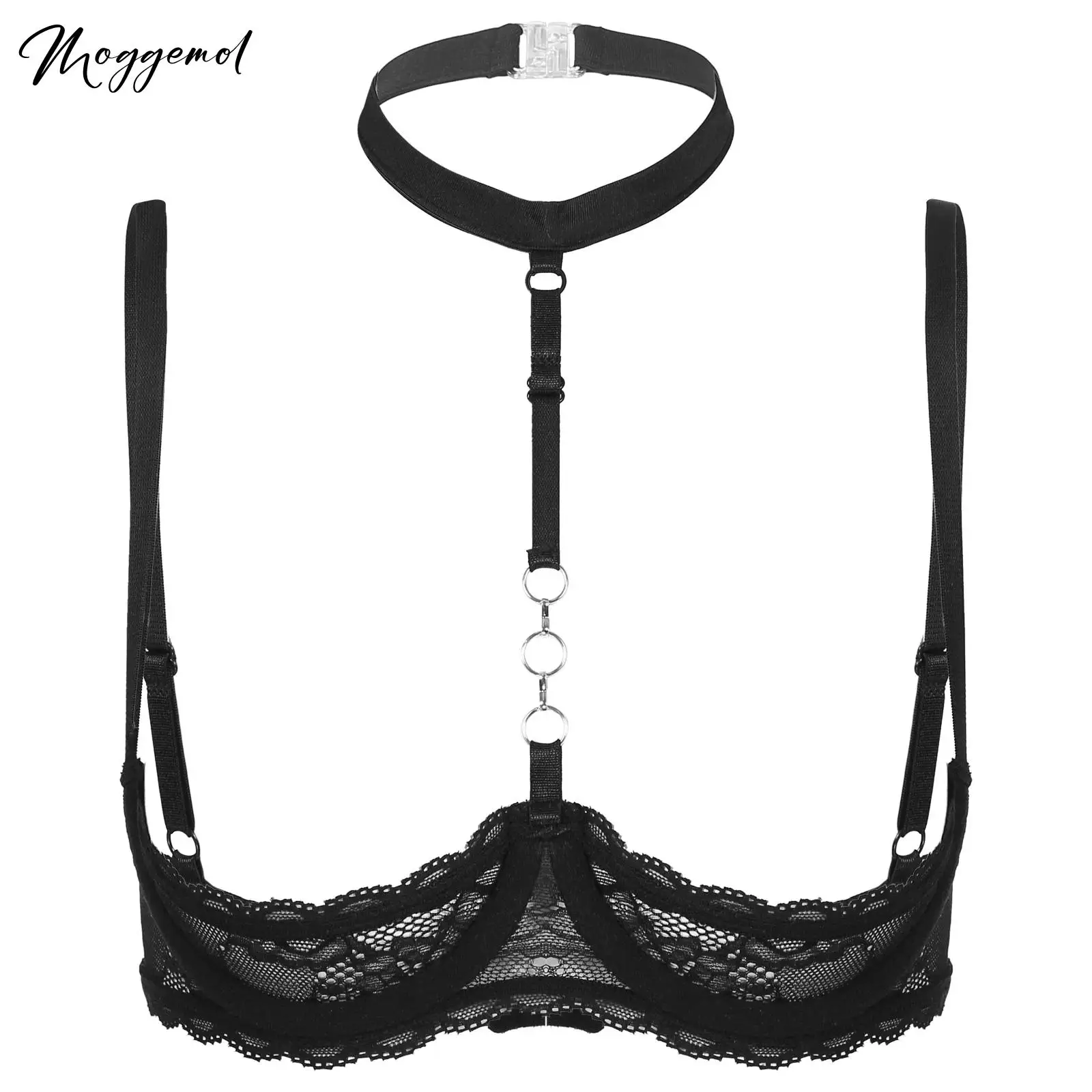 

Womens Halter Neck O Ring 1/4 Cups Underwire Bra Sheer Lace Push Up Brassiere Breast Underwear Adjustable Spaghetti Straps Tops