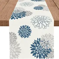 Blue Gray Dahlia Pinnata Flower Linen Table Runner Dresser Scarve Farmhouse Kitchen Dining Table Runner Holiday Party Decoration 1