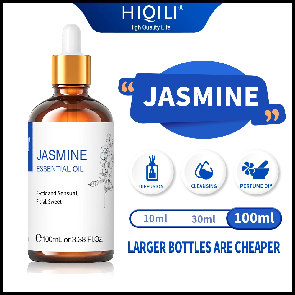 HIQILI 100ML Jasmine Essential Oils ,100% Pure Nature for Aromatherapy | Used for Diffuser,Humidifier,Massage | Fragrance DIY aromatherapy 300ml double spray air humidifier fragrance diffuser usb ultrasonic essential oils diffuser nano steaming face
