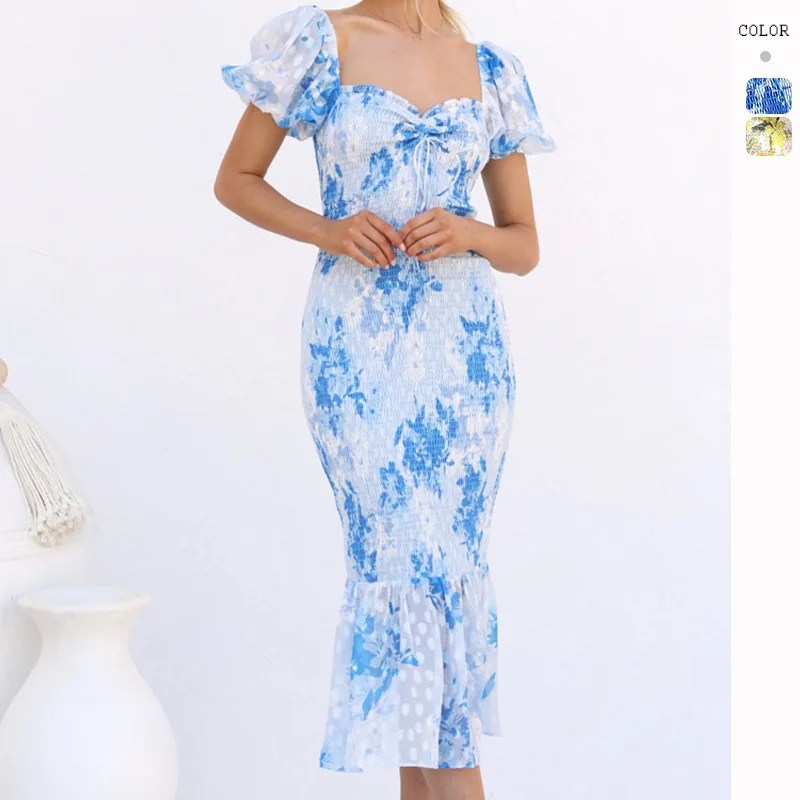

High Quality 2024 Sexy Women Clothes Femaler Backless Print Style Dress Beautiful Pleated Skirt Spring Summer Traf Y2k Party