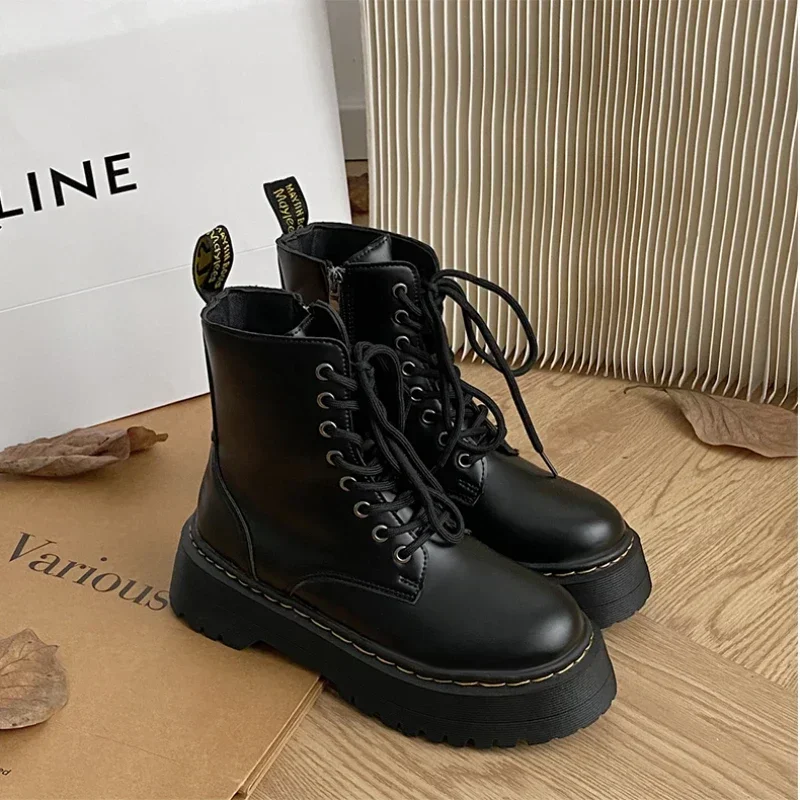 

2023 Front Lace-up Combat Boots 5Cm Chunky Heel Platform Women Boots British Style Thick Sole Increase Height Casual Boots