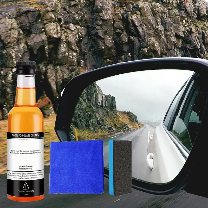 

Glass Oil Film Remover Dust Remover With Sponge & Cloth Renewal Agent Efficient Auto Glass Cleaning Agent Car Windshield Cleaner