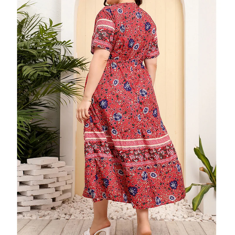 Bohemian V-Neck Design of Scattered Small Flower Sand Plants Print Elastic Wrinkle Lacing Short Sleeve Midi Plus Size Dresses