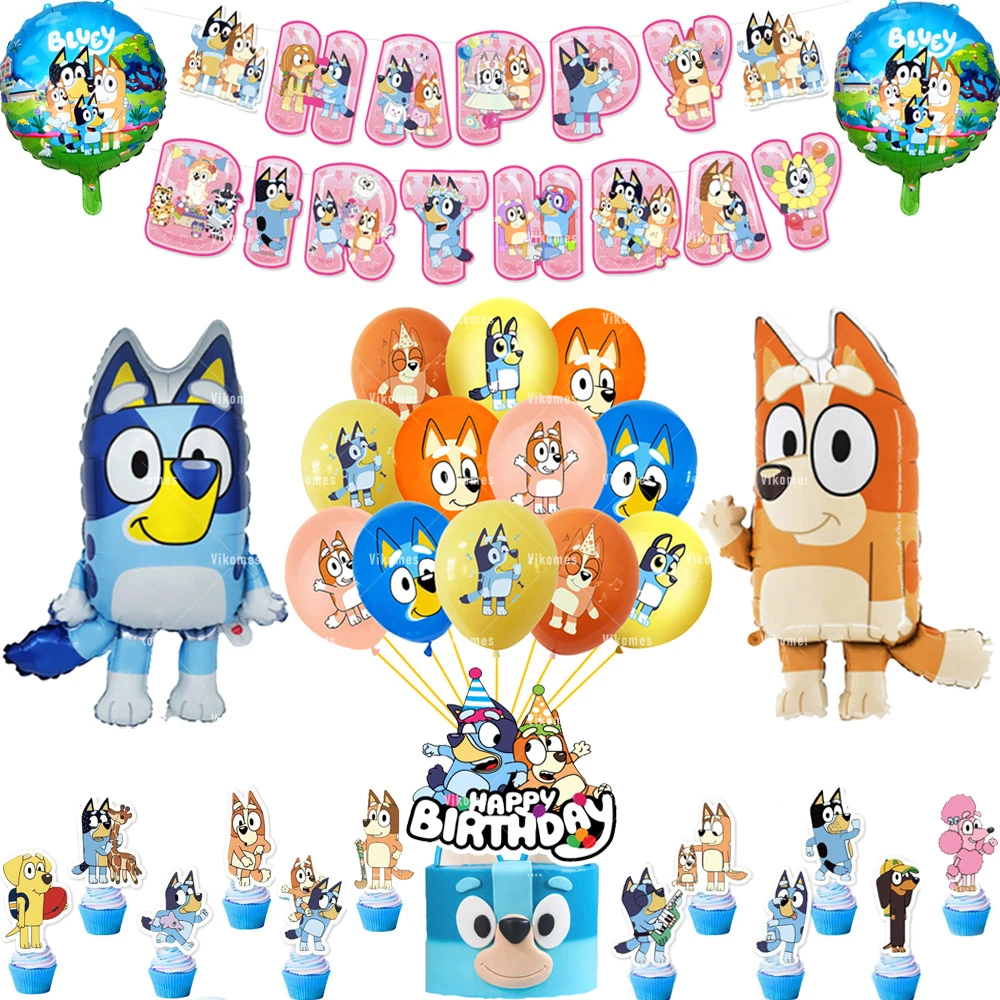 Blueyed Bingoing Balloons Happy Birthday Banner Blue Dog Party Ballons Backdrop Stickers Mask Decorations Kids Toys Tableware
