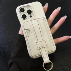 Luxury Denim Leather Wrist Strap Wallet with Card Holder and Shockproof Back Cover - iPhone 14 Pro Max (White)