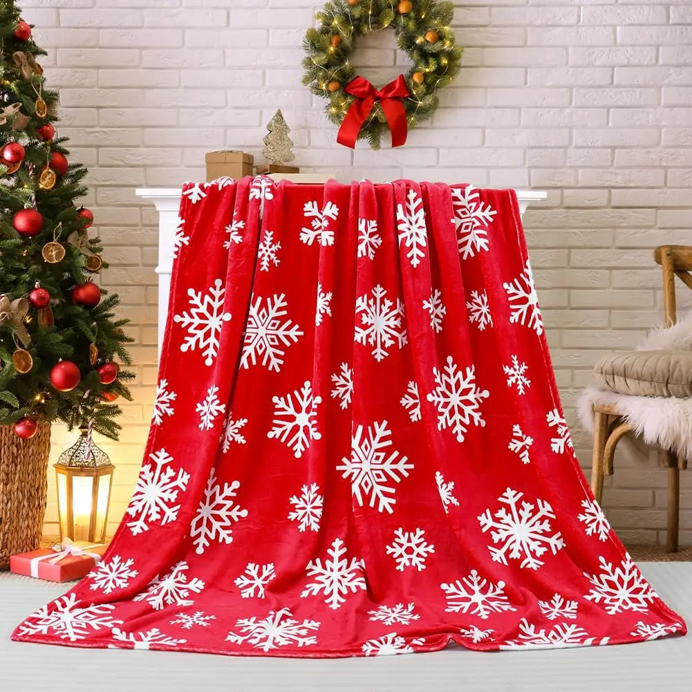 1pc Christmas Red Throw Blanket White Snowflake Throw Blanket Xmas Winter Holiday Cozy Fuzzy Plush Throw Blankets Super Soft