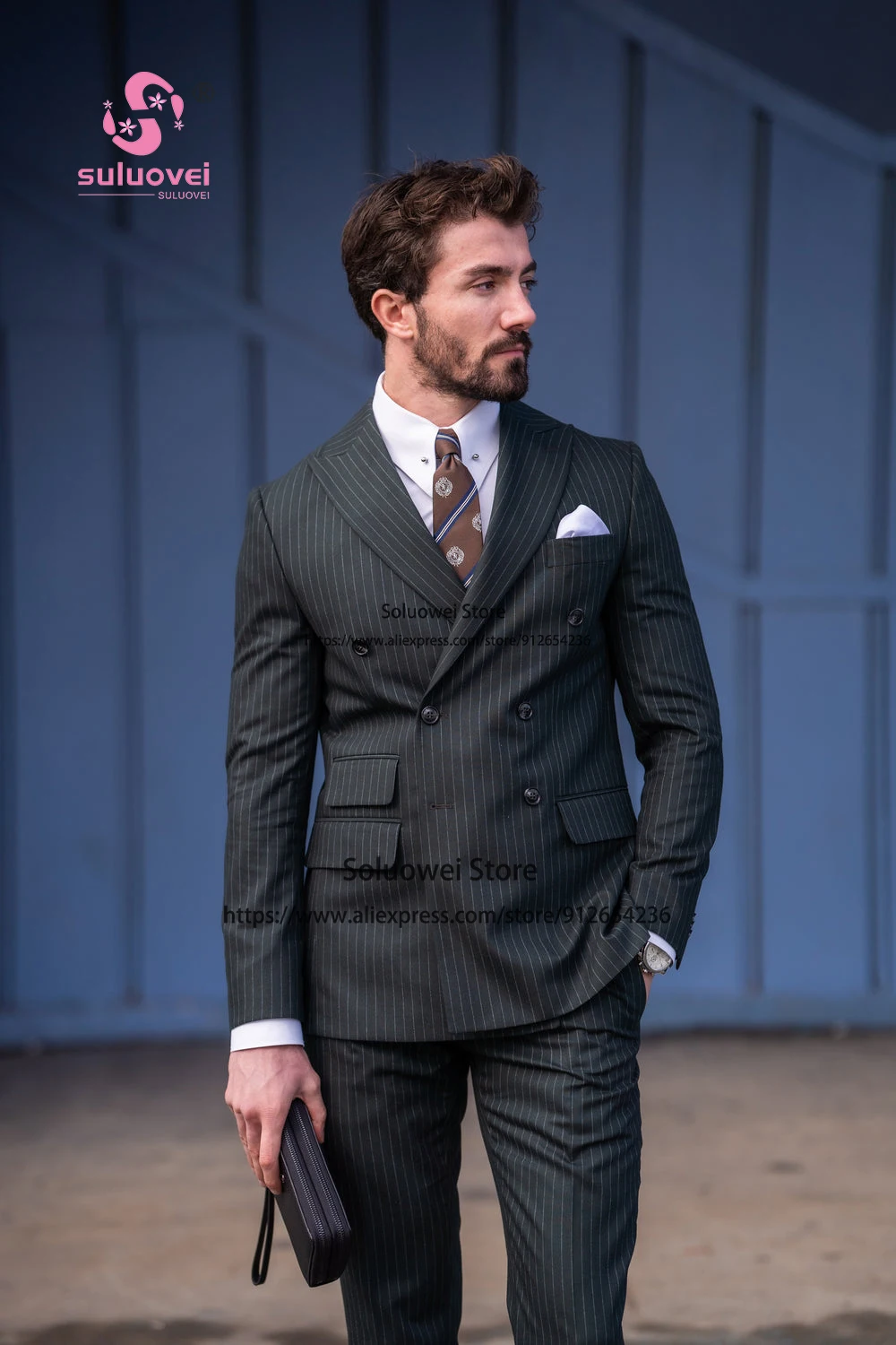 Fashion Peaked Lapel Striped Suits For Men Slim Fit 2 Piece Pants Set Prom Groom Wedding Double Breasted Tuxedo Blazer Masculino