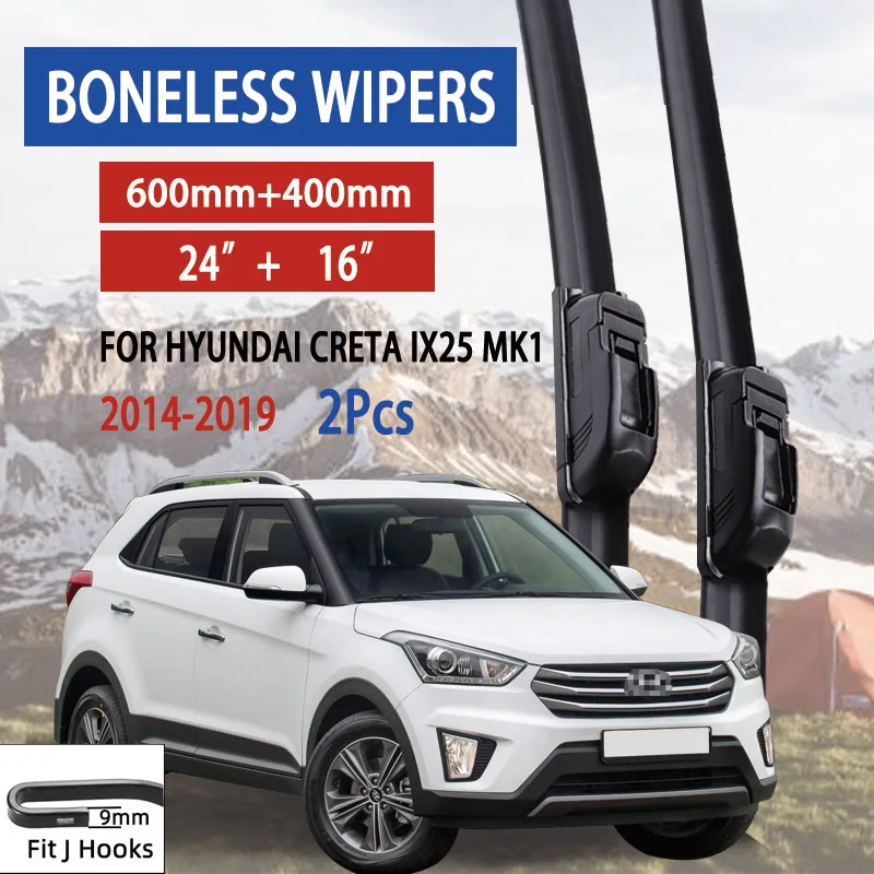 

For Hyundai Creta IX25 MK1 2014-2019 Car Windshield Wiper U-type Soft Rubber Frameless Bracketless Car Wipers 24"+16"