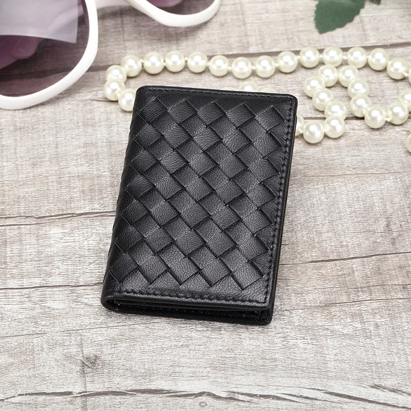 

Knitted Woven Real Lambskin Leather Bifold Card Wallet Unisex Credit Bank Cards Holder Black Blue Navy Pink Coffee Solid Color