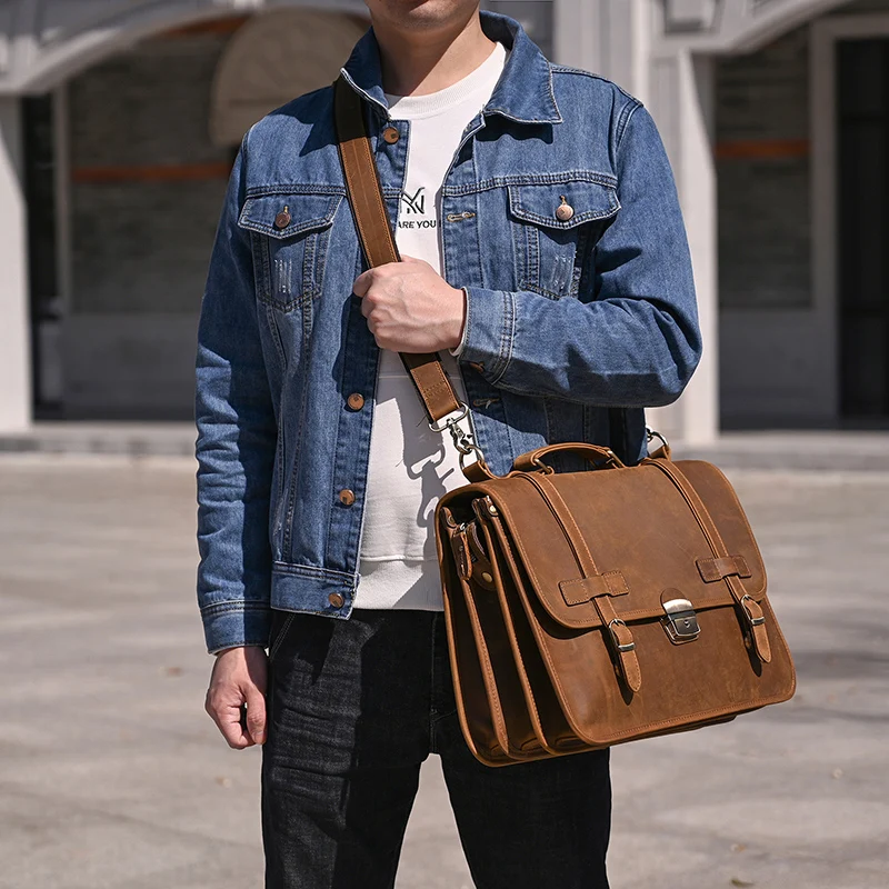 Brown Mens Large Leather Travel Laptop Bags Briefcase
