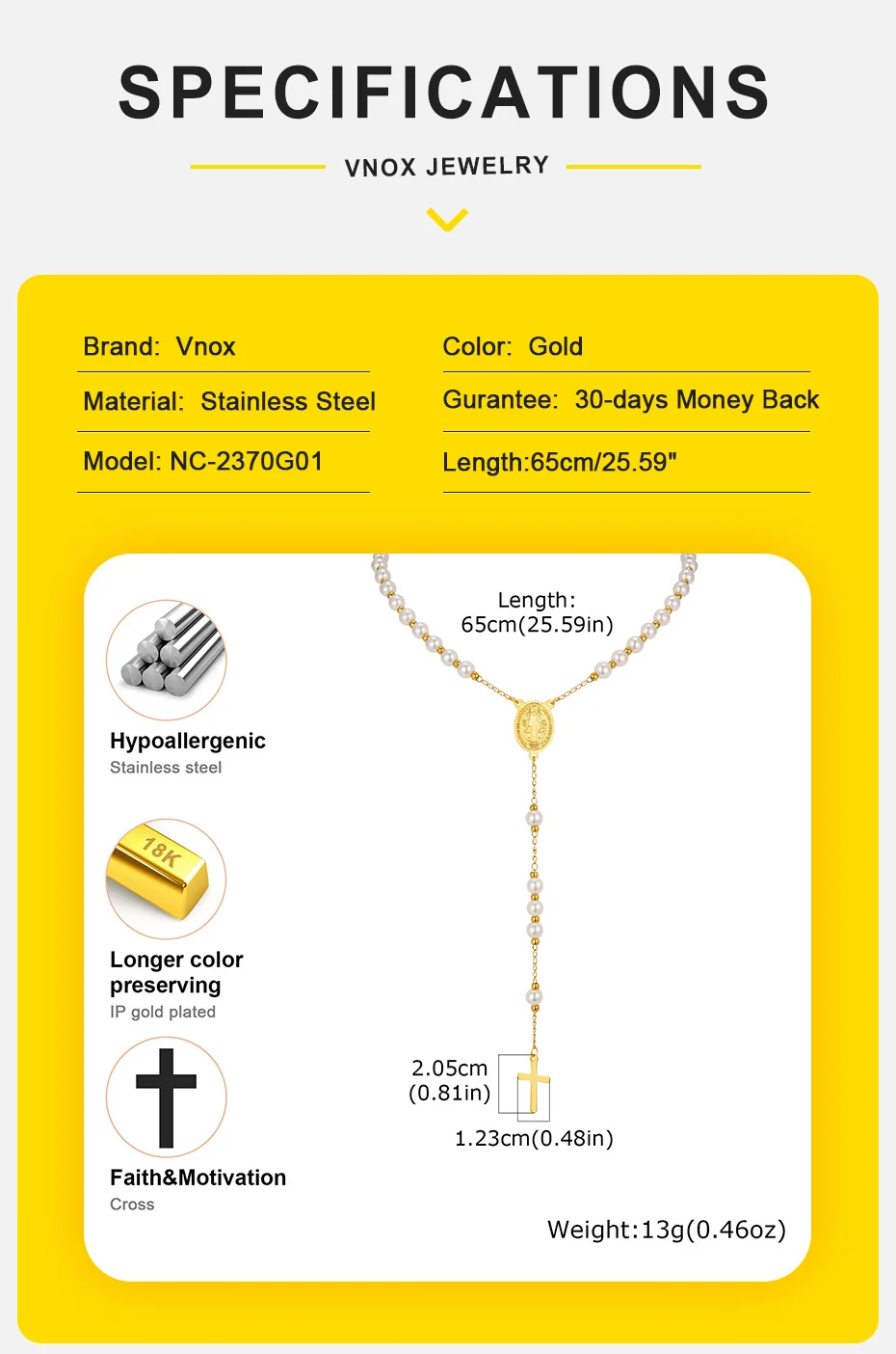 Vnox Edelstahl-Perlen-Rosenkranz-Perlen-Halskette, religiöse Kreuz-Halskette der Jungfrau Maria für Frauen, Gebetsschmuck, 65 cm lange Kette – Detail 4