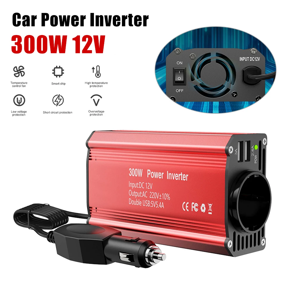 

300W Car Power Inverter DC12V to AC 110V/220V Power Conversion Adapter Dual USB 3A Fast Charging Modified Sine Wave with Fan