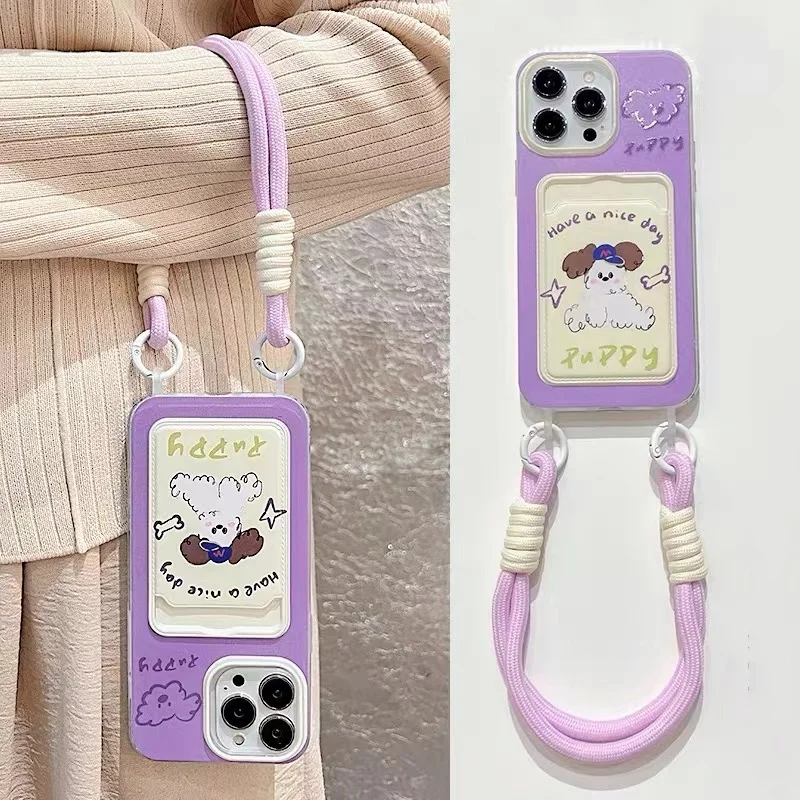 Karten paket transparent lila Boden Knochen Hund Handy hülle mit hängendem Seil für iPhone 11 12 13 14 15 16 Pro max