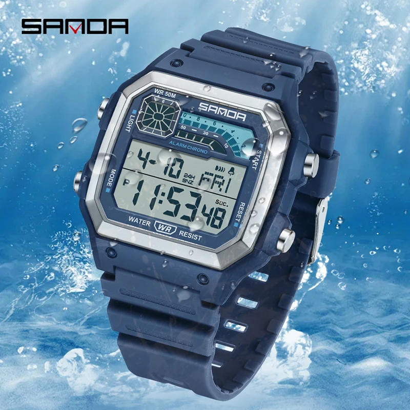 2024 SANDA 6196 Electronic Watch Multi functional Night Glow Waterproof Sports Men's Lightweight Square Classic Student Watch 3