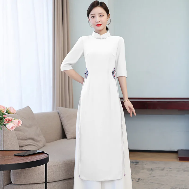 Vintage Harajuku Purple Ao Dai Vietnam Solid Pants Two Piece Set Embroidery Chinese Style Women Slim Casual White Long Top Suits
