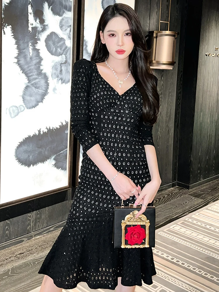 

Fashion Women Evening Dress Mujer Black Temperament Sparkly Sequin Folds Midi Fishtail Party Prom Birthday Robe Femme Vestidos