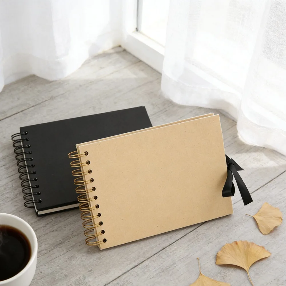 A5 스파이럴 DIY 스크랩북 앨범 (검정색 카드보드 속지, 리본 장식 포함) ..