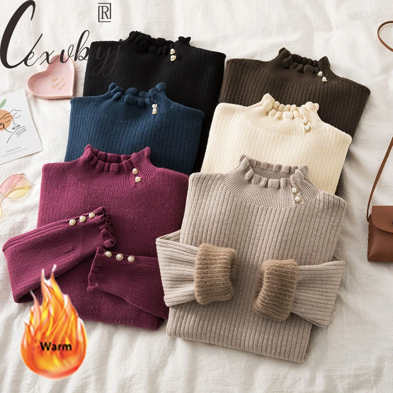 

Plus Velvet Ruffles Mock Neck Sweater Korean Long Sleeve Knitted Top Soft Fleece Lined Casual Knitwear Jumper Warm Solid Sueter