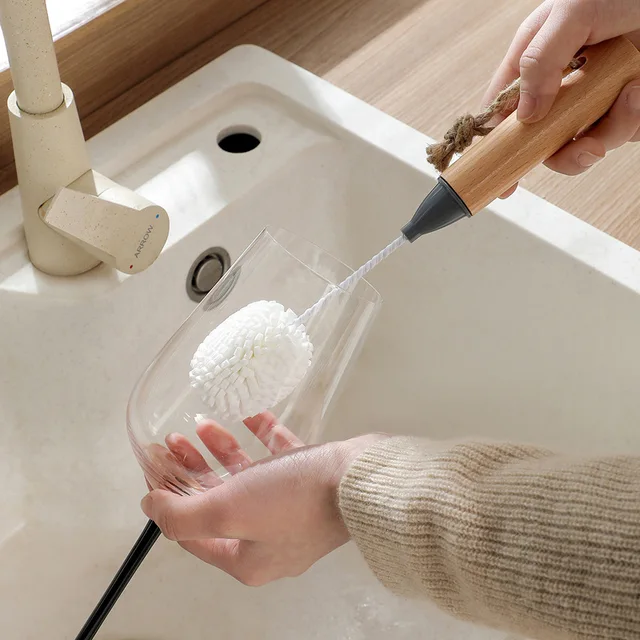 Poignée en bambou mousse souple bouteille de vin narguilé Machine à repasser whisky verres à pied brosse de nettoyage de la poussière ensemble Flexible nettoyant 4