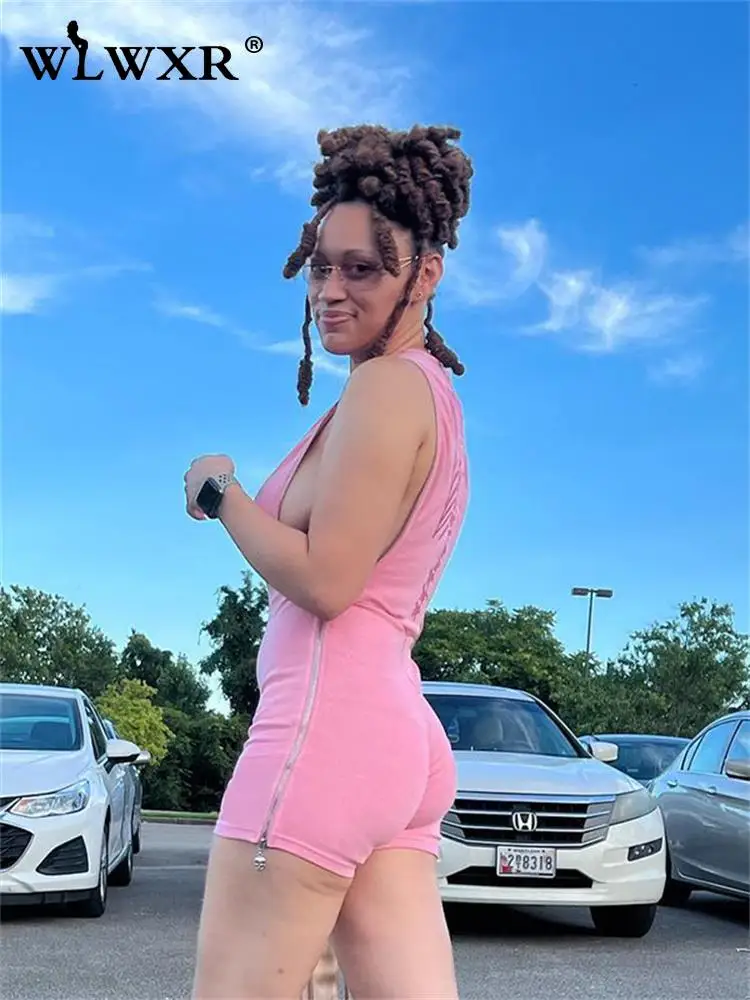 

WLWXR Summer Streetwear Jumpsuit Shorts For Women 2022 Playsuit Zipper Ribbed Print One Pieces Outfits Rompers Womens Jumpsuit