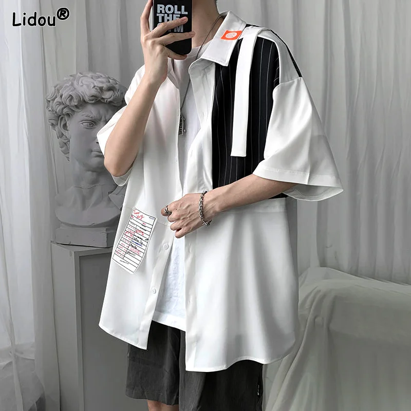 Men Shirts Turn-down Collar Button Patchwork Asymmetrical Short Sleeve Loose Fashion Streetwear Summer Thin
