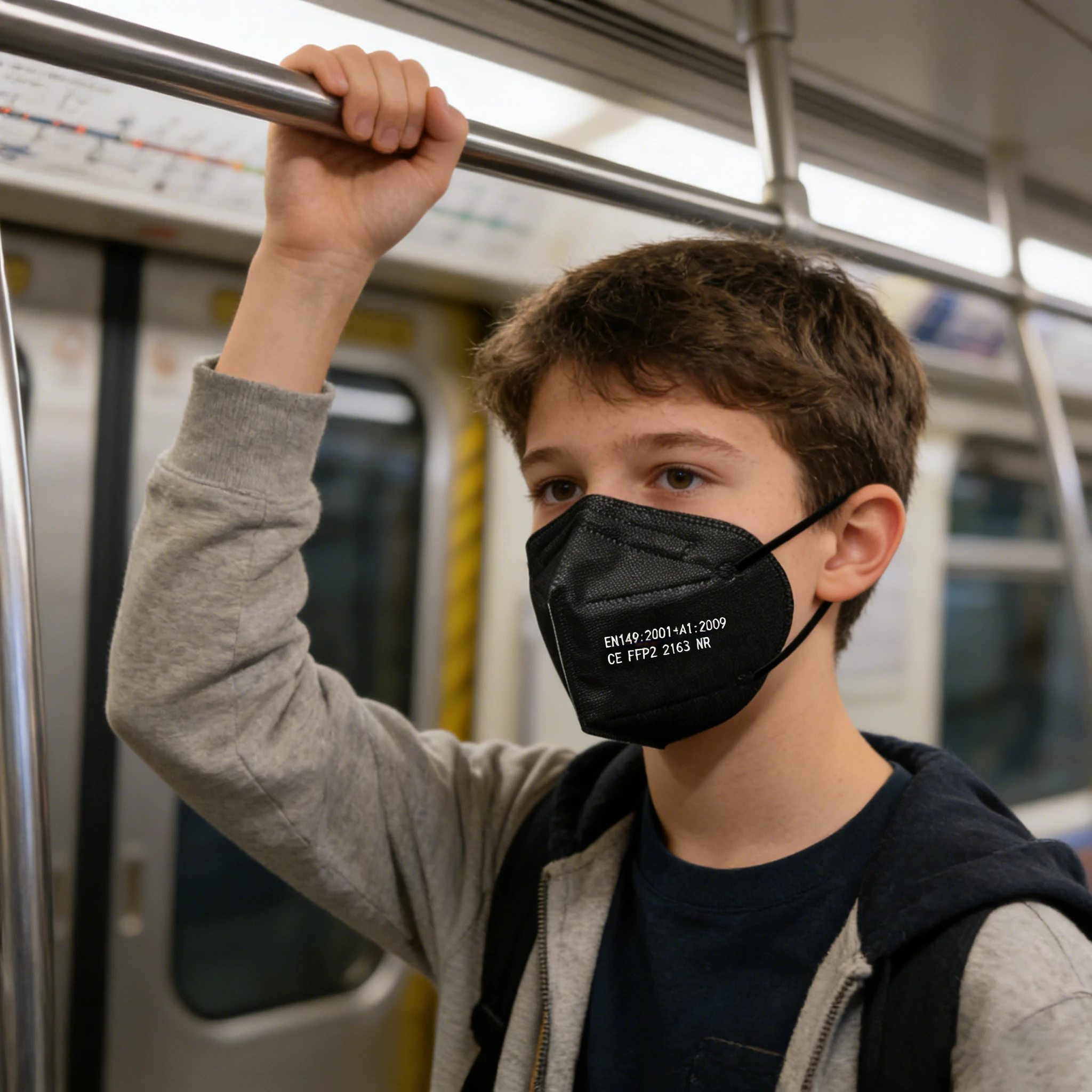 Gros plan sur le bord d'un masque FFP2 FFP3, montrant l'épaisseur et le joint nasal, lot de 100 pièces.