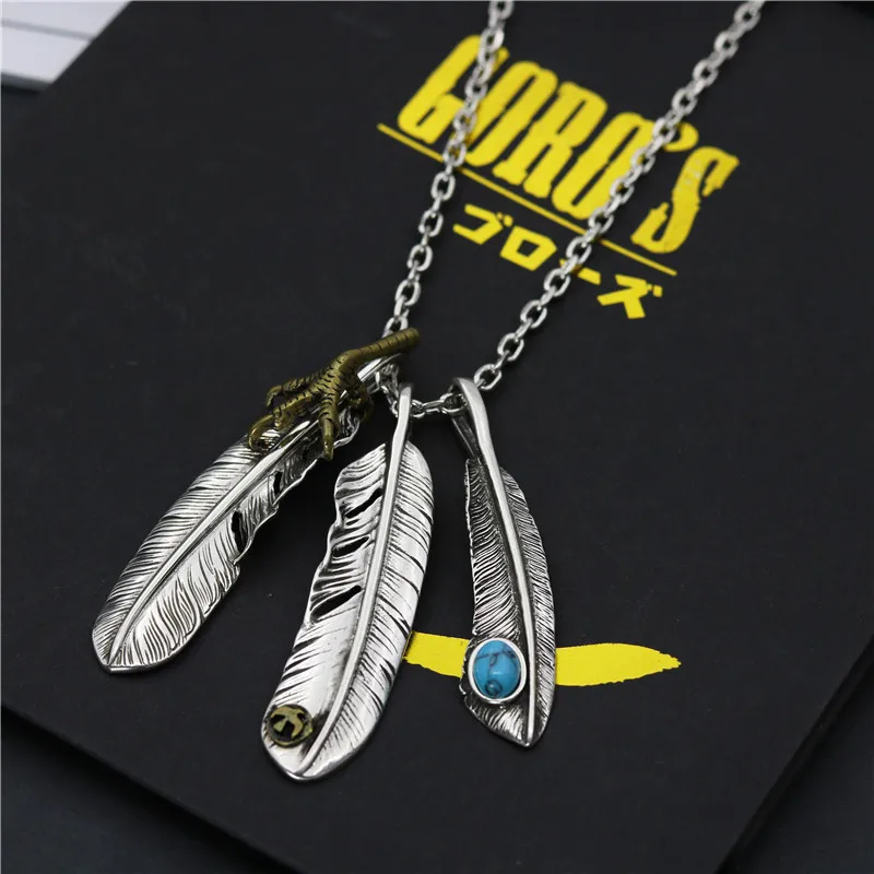 

Trendy Blue Turquoise Chicken Claw Feather Pendant in Thai Retro Fashion Couple Necklace