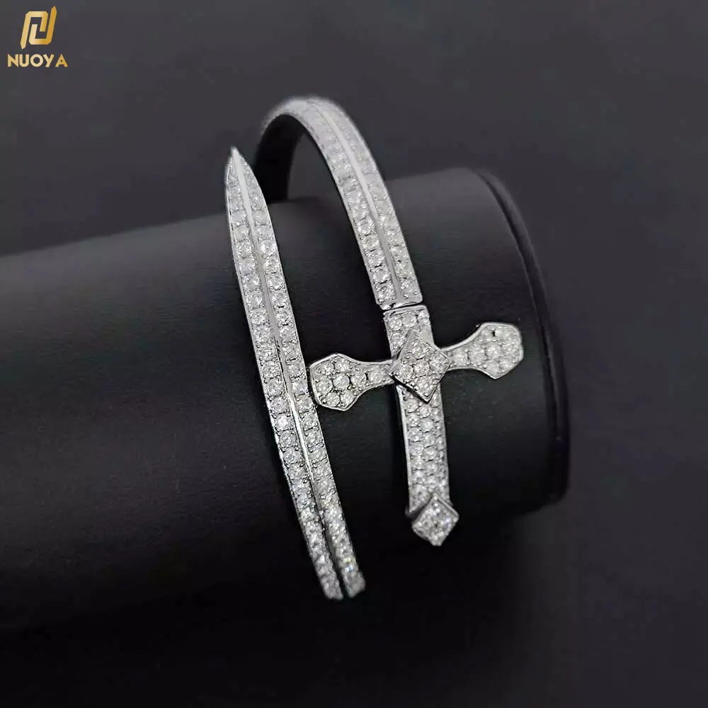 Custom Fashion Women Men Sword of Justice Cross Bangles Hip Hop 2Row Luxury Diamond CZ Cubic Zirconia Cuff Bracelet