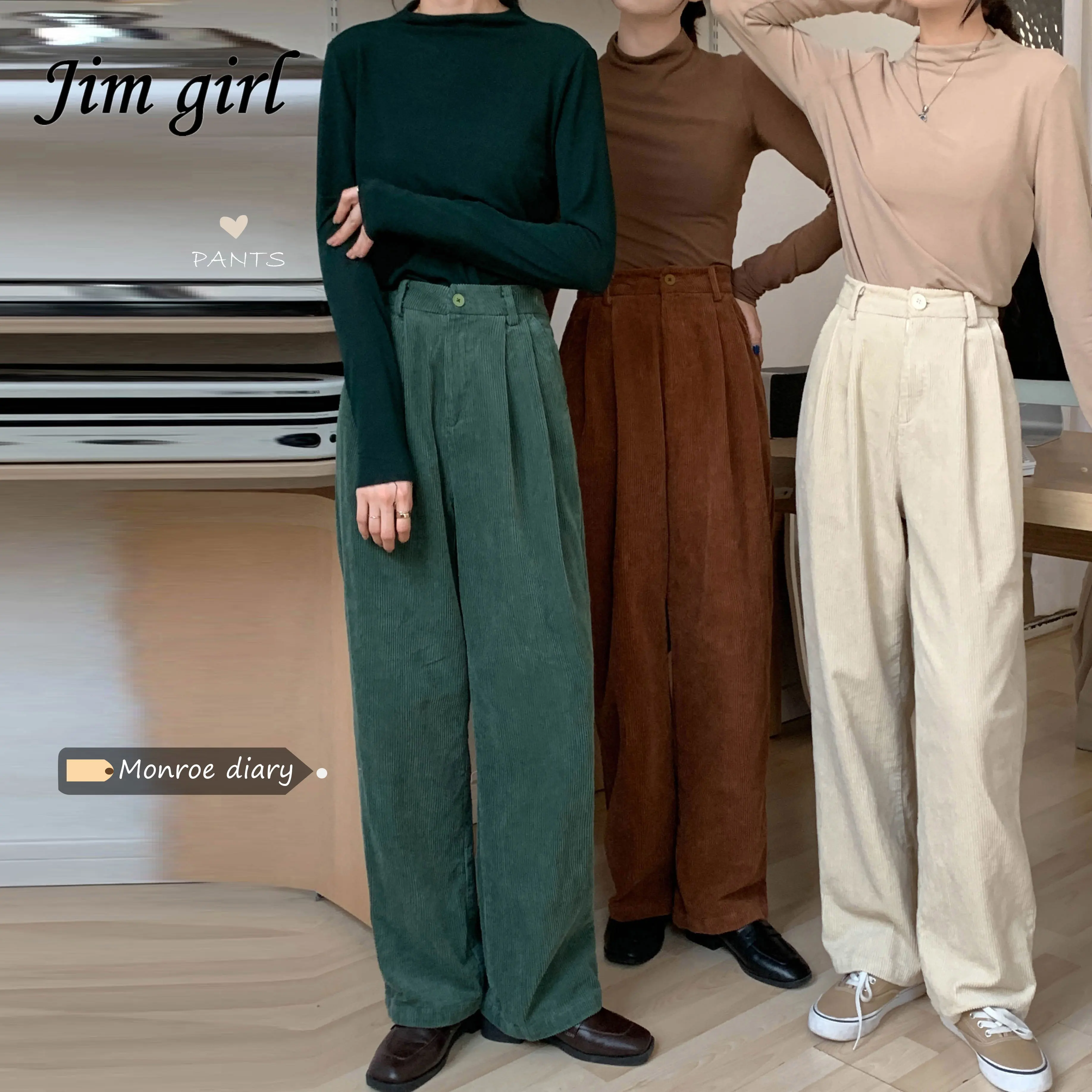 

Retro Green Corduroy Pants Women Autumn Japanese Casual High Waist Wide Leg Trousers Female Warm Winter Plush Thick Loose Jogger