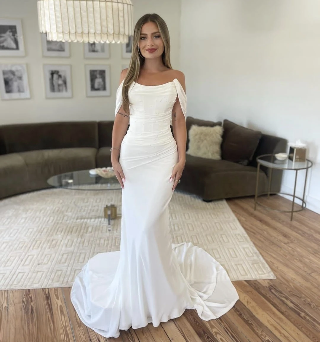 

Vestido de Novia Mermaid Sweetheart Wedding Dress Short Sleeves Pearls Sweep Train Customize To Measures Elegant Bridal Gowns