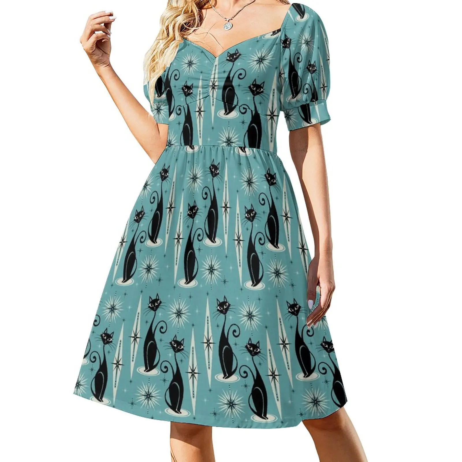 

Mid Century Meow on Blue Dress cocktail dresses dresses with long sleeves Woman clothes