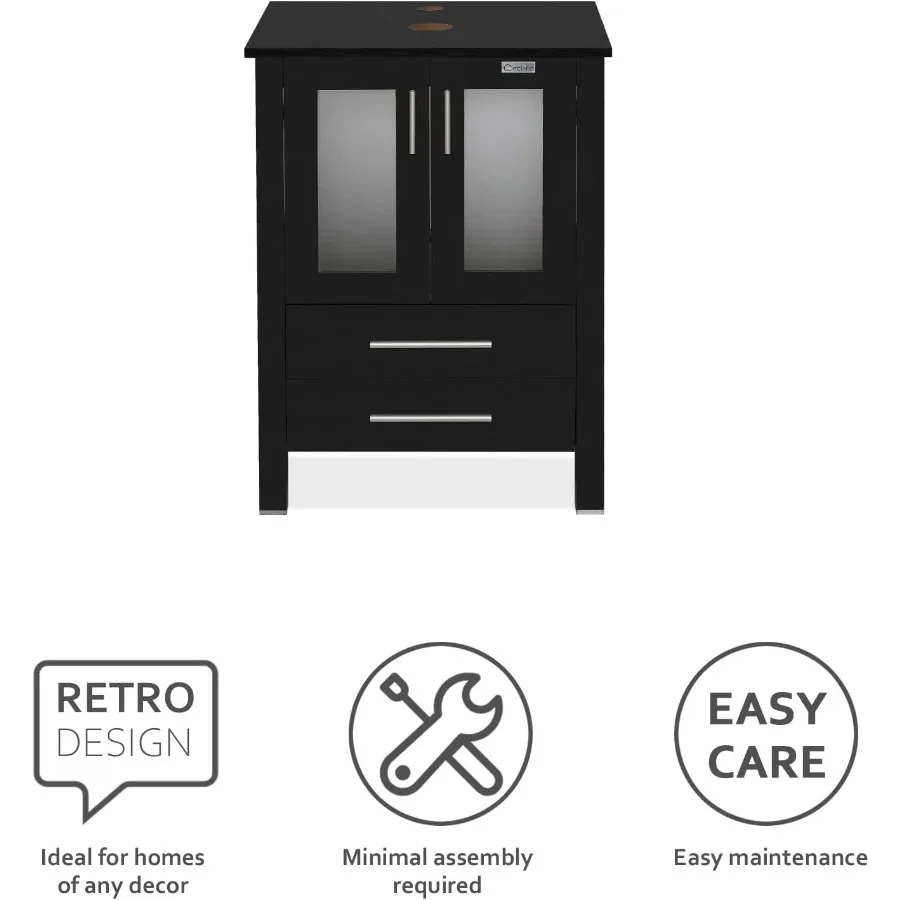24" Modern Bathroom Vanities Sink Combo Black Stand Cabinet Wooden Pedestal with Soft Closing Glassed Doors Vanity Only 4